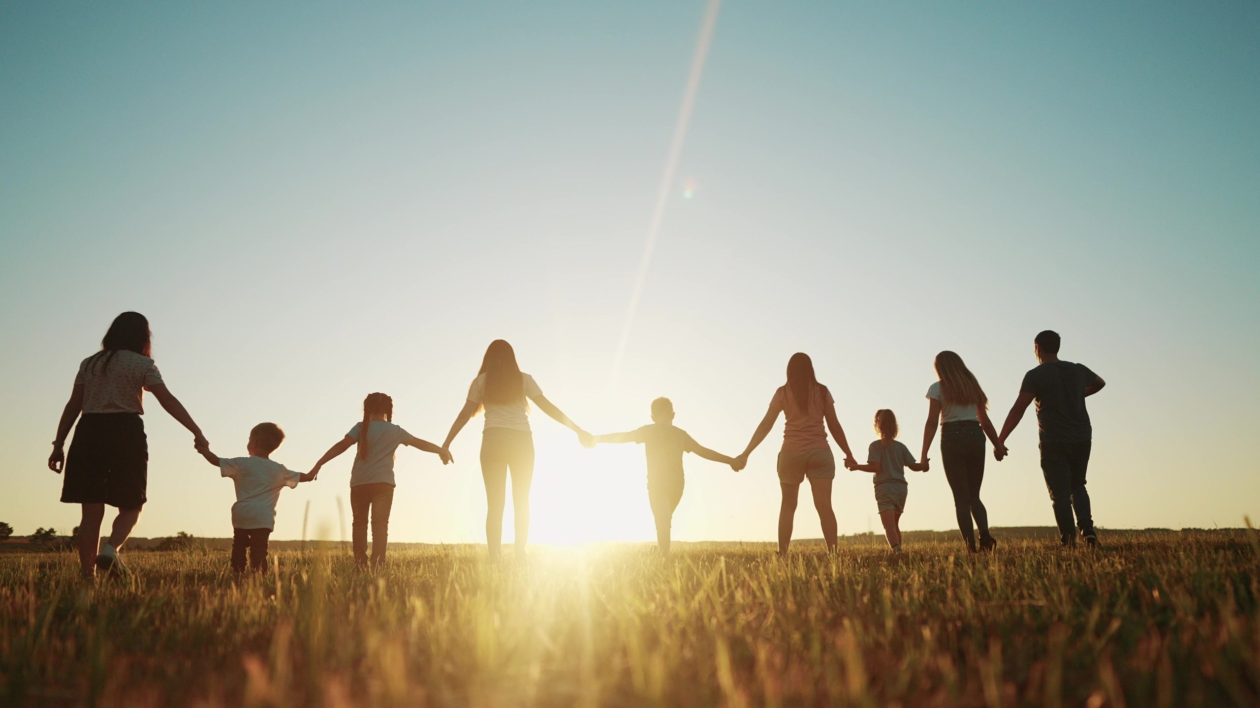 Large family holding hands in a sunny park