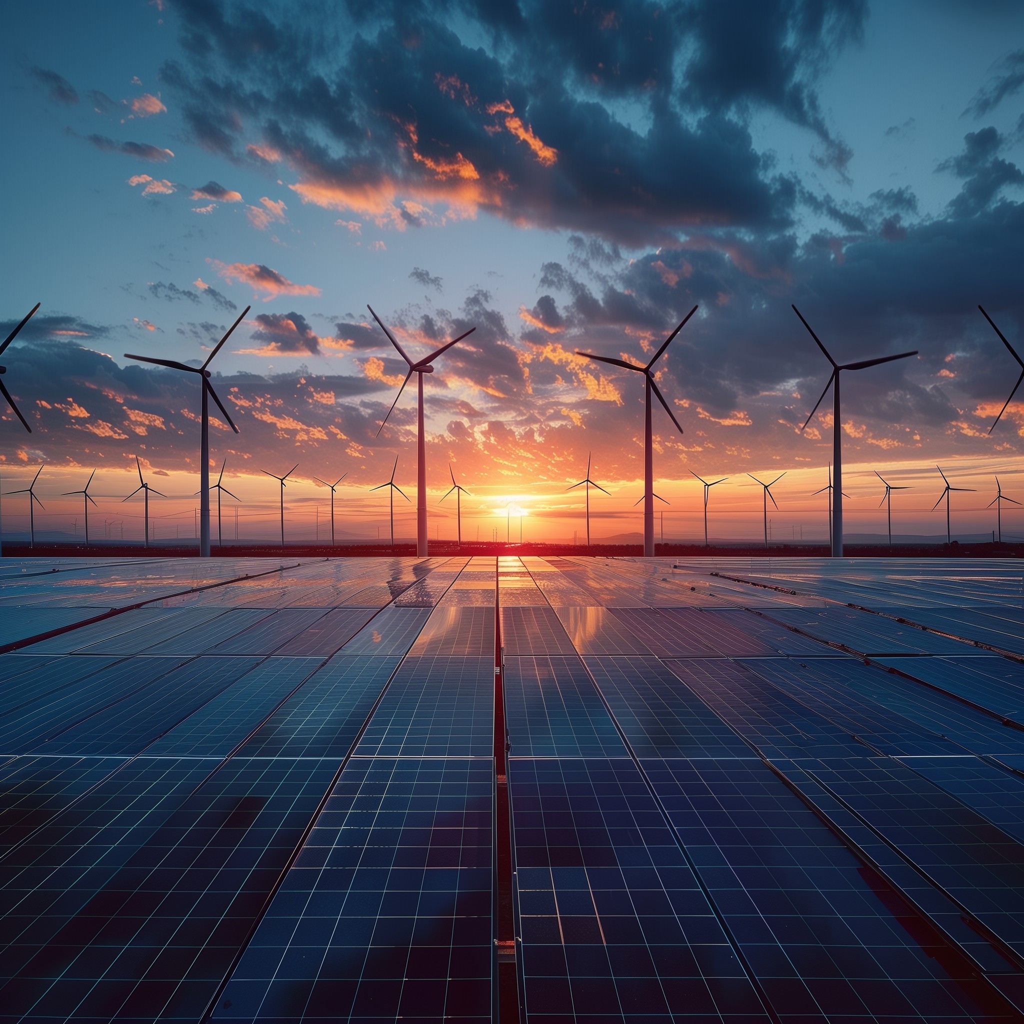 A solar and wind-farm at sunset