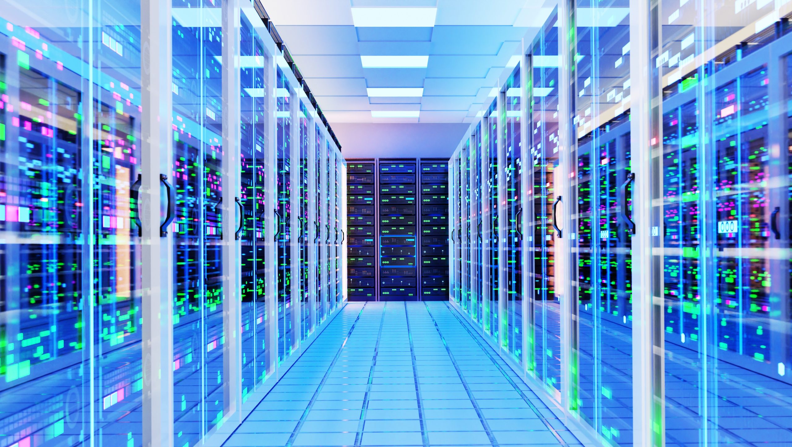 Rows of server cabinets in a data centre